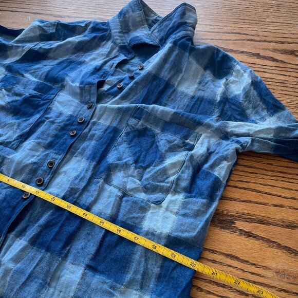 FREE PEOPLE Blue Plaid Flannel Button-Down Tunic Shirt Oversized Boho Grunge M - Picture 9 of 13